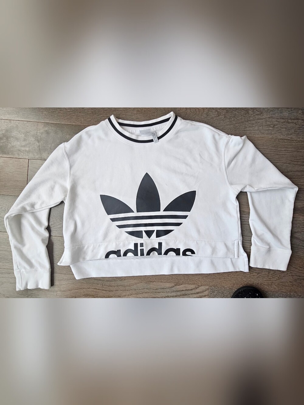 adidas White Cropped Sweatshirt with Black Trefoil